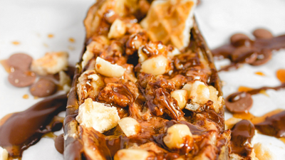 5 Minute Air Fryer Hot Fudge Sundae Banana Split